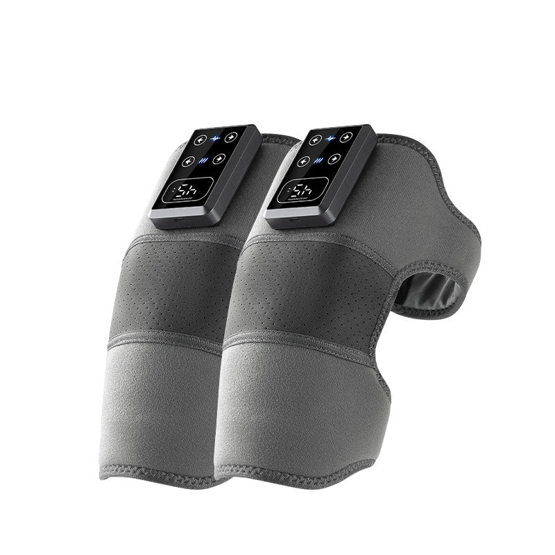 Gray electric knee massager by FitGearMonarch with display screen, featuring a patterned mesh section.