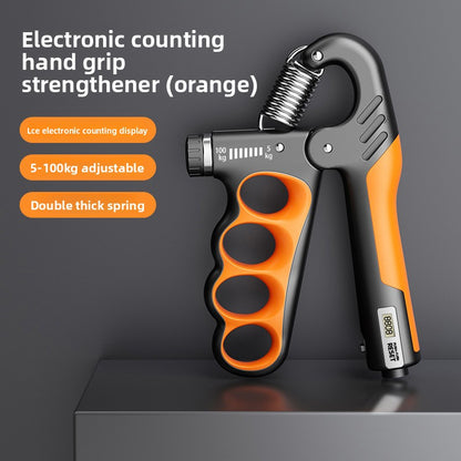 Orange and black electronic counting hand grip exerciser by FitGearMonarch with an adjustable spring and four finger holes.
