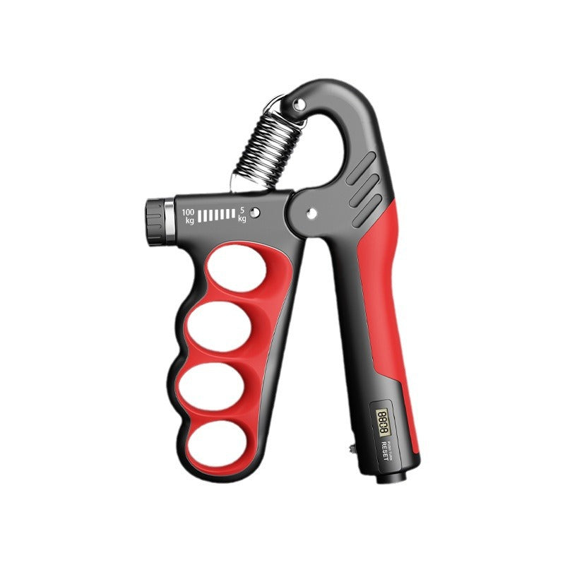 Hand exercise grip strength device by FitGearMonarch featuring adjustable resistance, a digital counter, and finger holes.