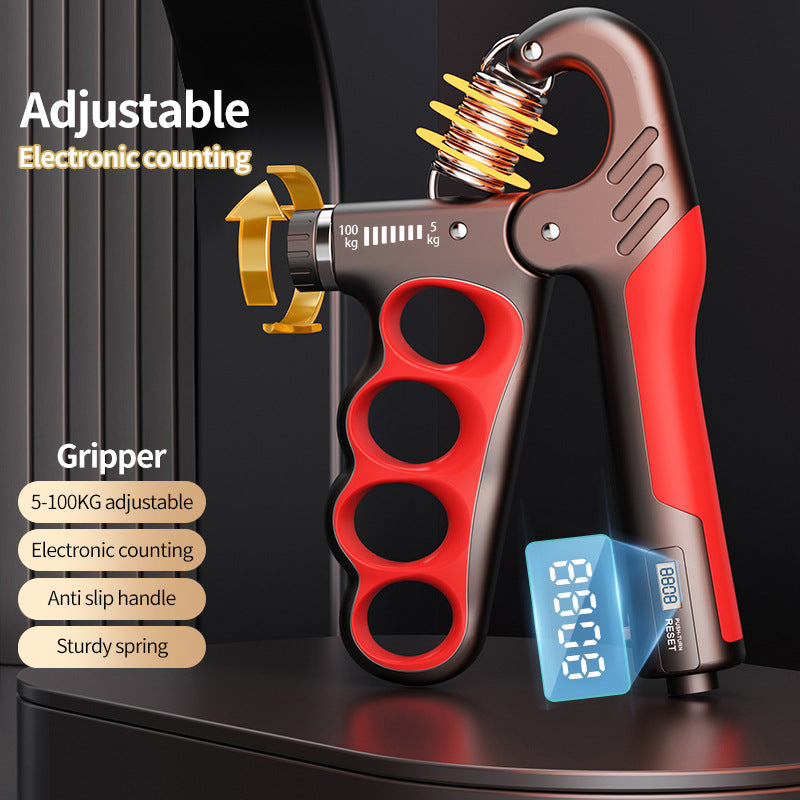 Adjustable grip strength device for men by FitGearMonarch, featuring an electronic counter, anti-slip handle, and a sturdy visible spring.
