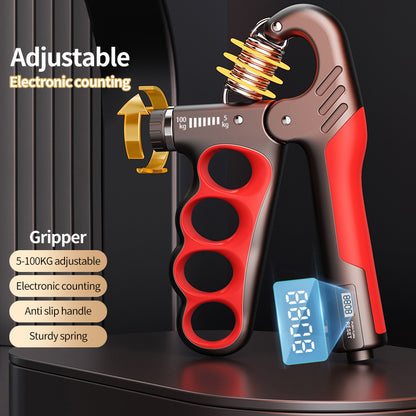 Adjustable grip strength device for men by FitGearMonarch, featuring an electronic counter, anti-slip handle, and a sturdy visible spring.
