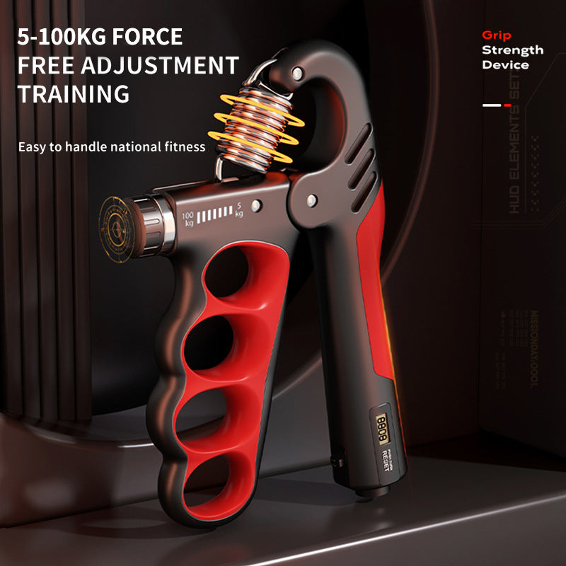 Adjustable hand grip exerciser by FitGearMonarch, featuring resistance spring and red and black ergonomic handle with digital counter.
