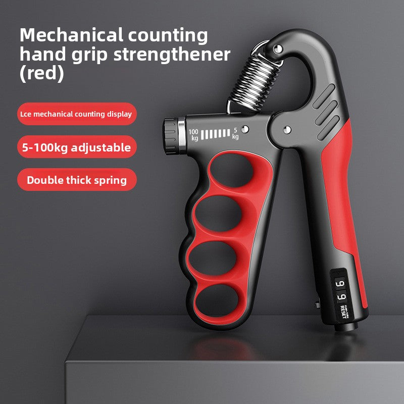 Red mechanical grip strength device for men by FitGearMonarch with mechanical counter, adjustable resistance, and thick spring.