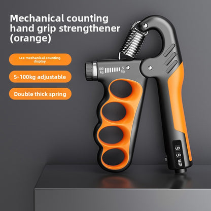 Orange hand grip strength device for men with mechanical counter by FitGearMonarch, showing adjustable resistance and double thick spring.
