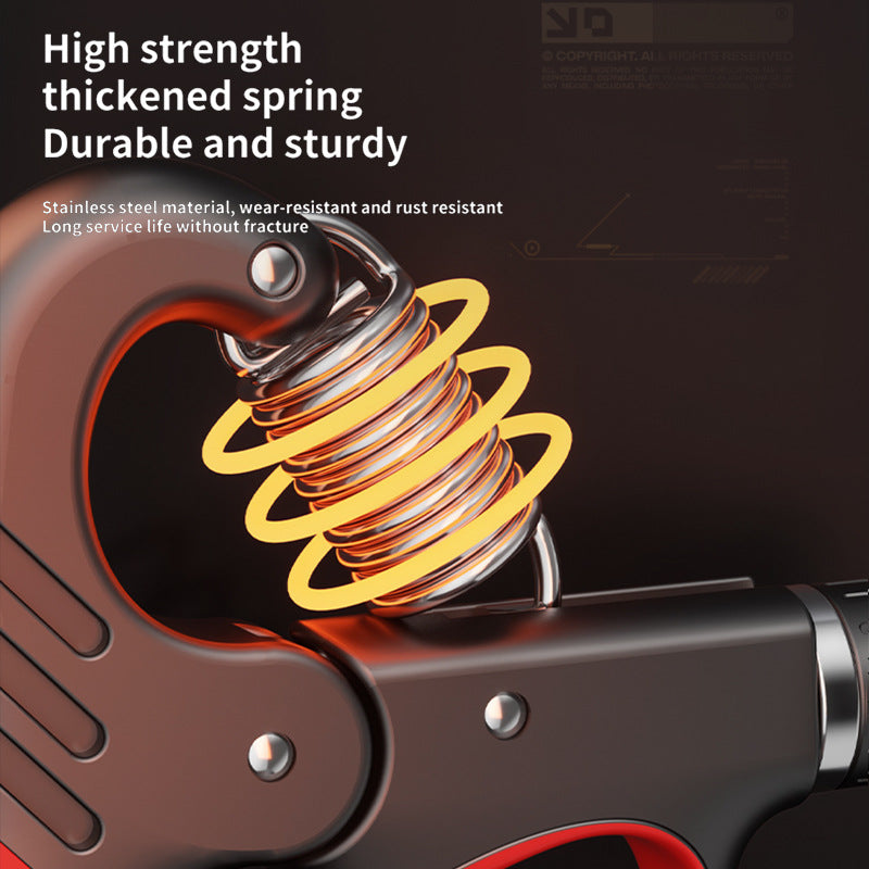 Grip strength device for men by FitGearMonarch, showcasing a high-strength, thickened stainless steel spring with durable and sturdy construction.