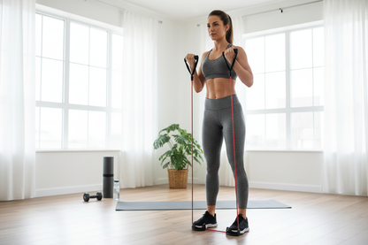Person using resistance training band with foot pedals during home workout